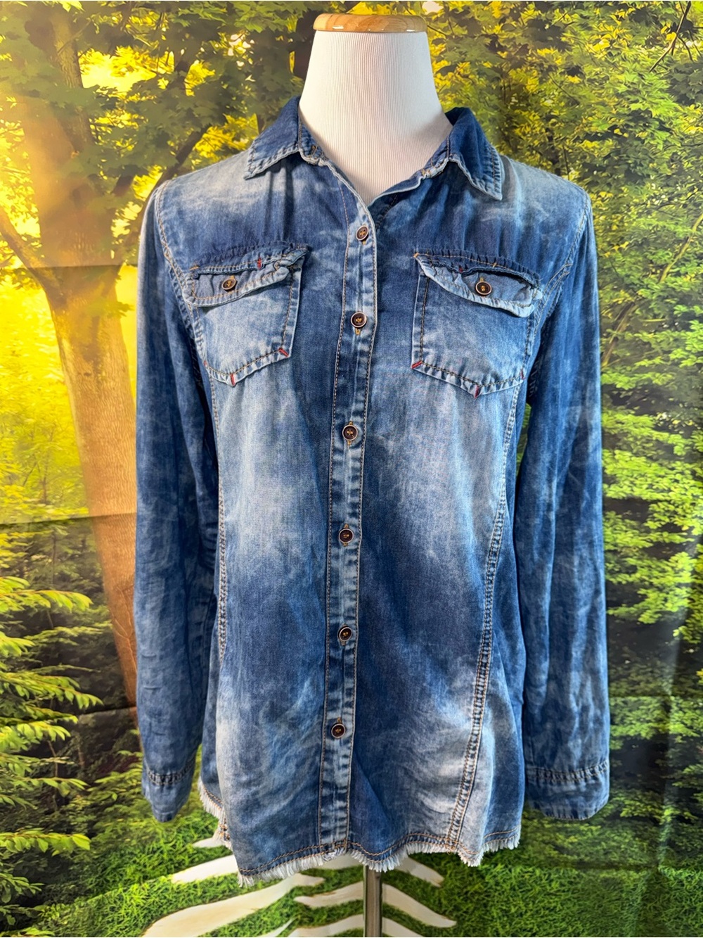 894-Blue Age Washed Blue Denim Button-Down Shirt